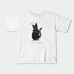 Cartoon black cat in New Year's garlands and the inscription "Merry Catmas". Kids T-Shirt